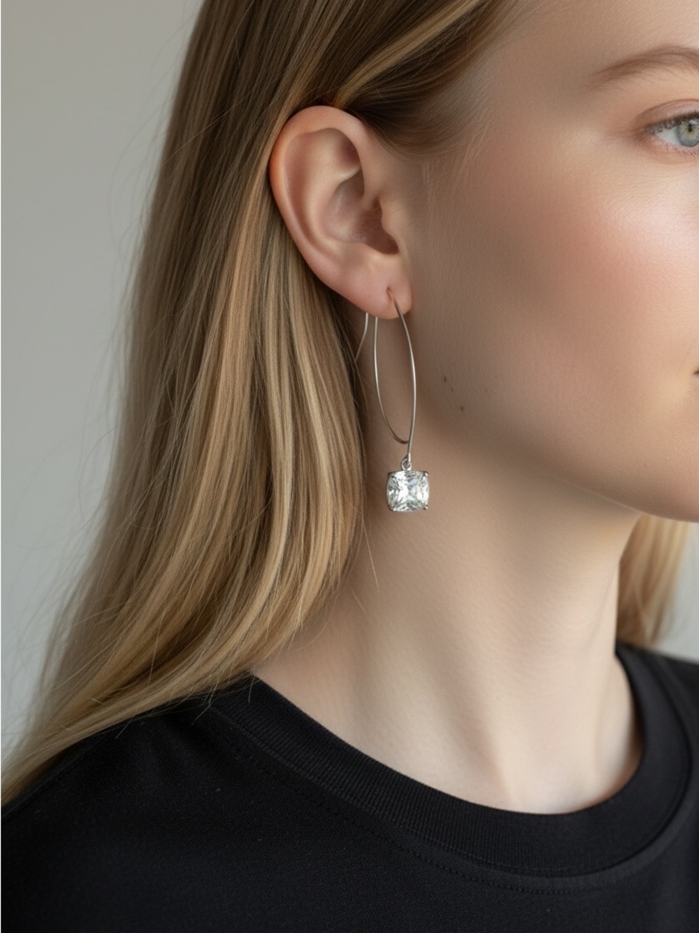 10/4 Silver Hoop Earrings with Textured Square Drop
